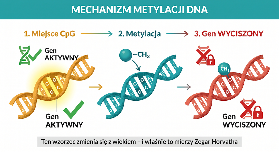 Infografika po polsku: mechanizm metylacji DNA – jak grupy metylowe -CH3 przyczepiają się do miejsc CpG i wyciszają geny