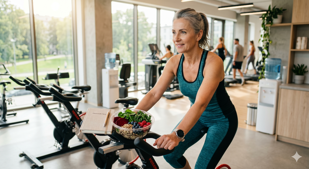 Kobieta po 55-tce ćwiczy na siłowni na rowerze stacjonarnym, obok zdrowy talerz z warzywami i otwarty dziennik snu – symbolizuje protokół Fitzgerald