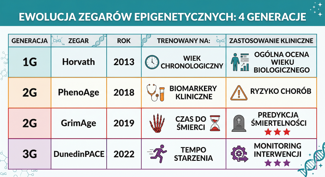 Infografika po polsku: ewolucja zegarów epigenetycznych – 4 generacje od Horvath 2013 do DunedinPACE 2022, tabela z opisem i zastosowaniem klinicznym