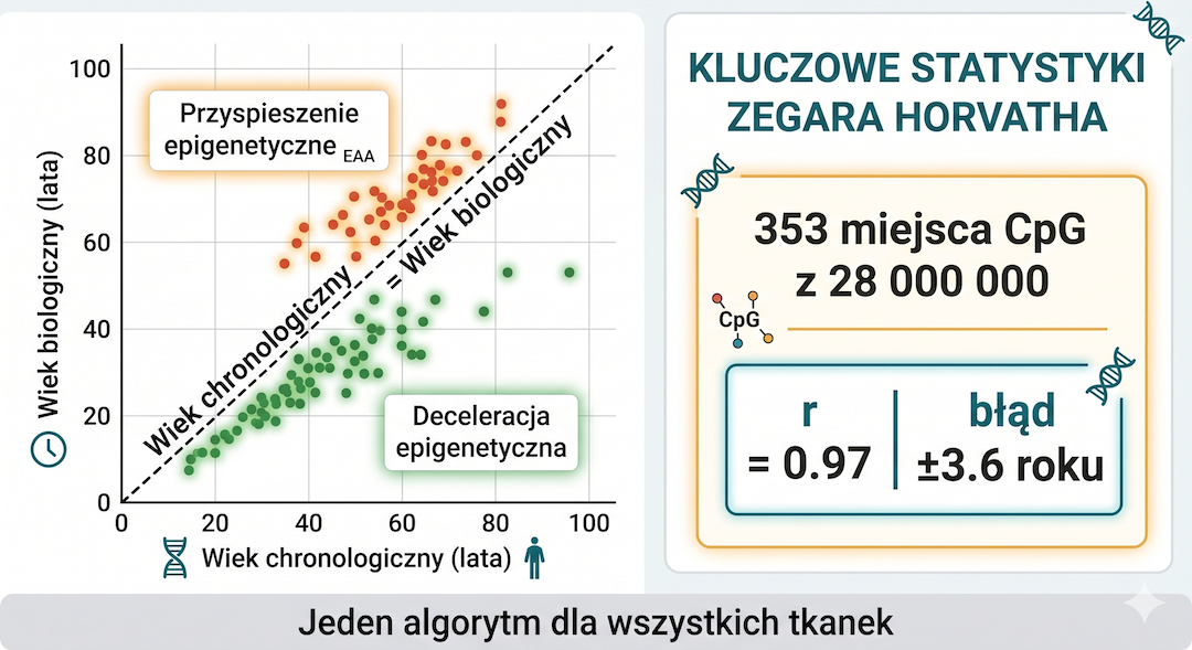 Portret Steve Horvatha obok wykresu korelacji między wiekiem biologicznym a chronologicznym z zaznaczonymi odchyleniami – infografika