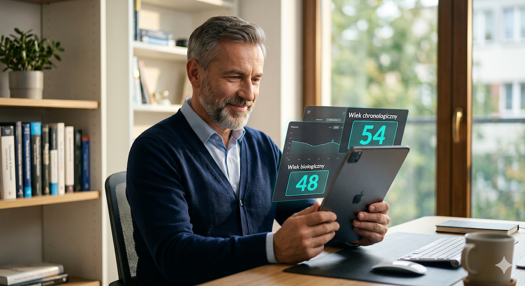 Mężczyzna po 55-tce patrzy na wynik testu biologicznego wieku na tablecie – nowoczesna aplikacja zdrowotna z wykresem porównującym wiek chronologiczny i biologiczny