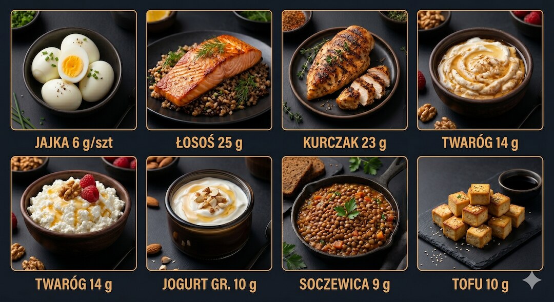 Kolaż produktów bogatych w białko: jajka, ryba, drób, twaróg, soczewica, z etykietami po polsku
